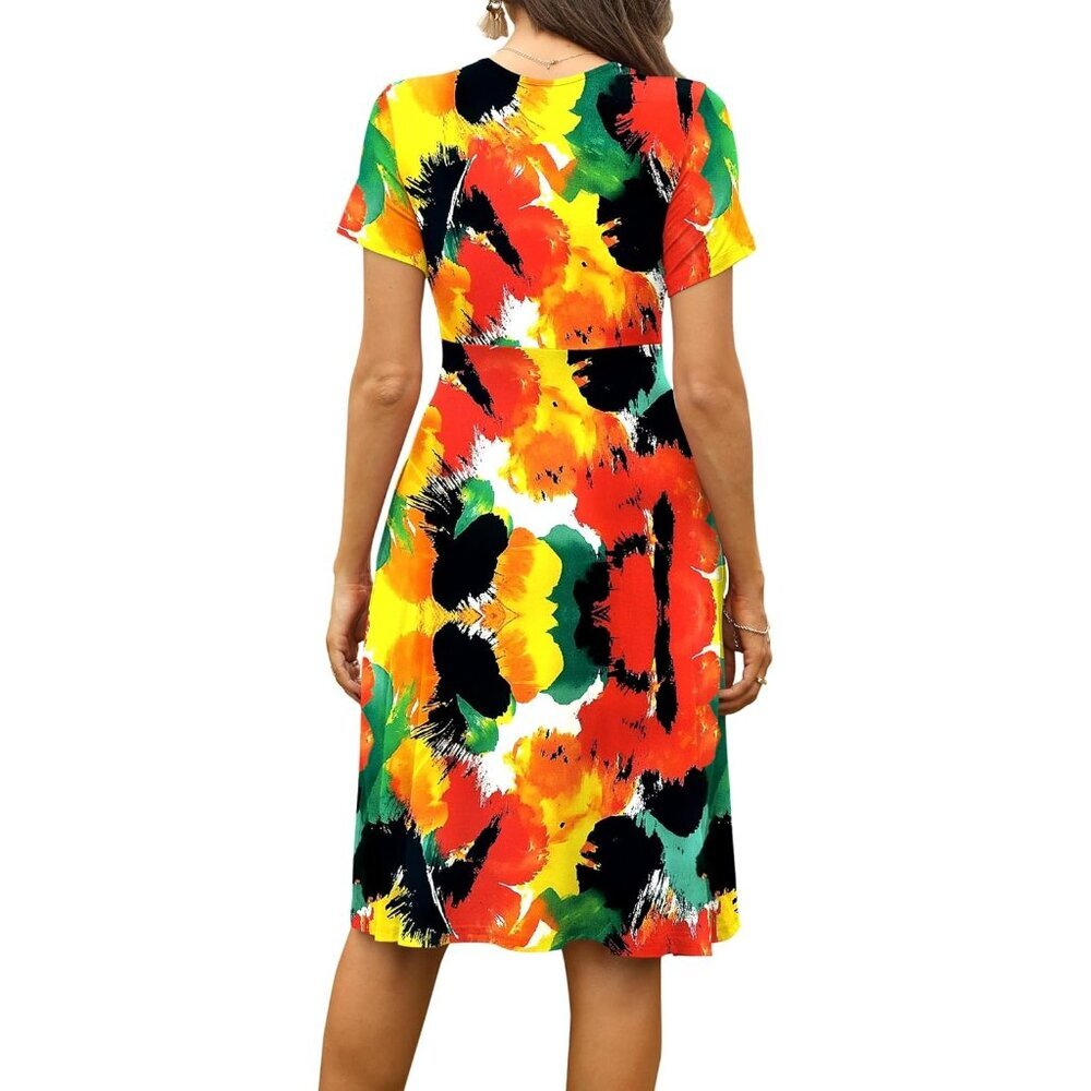 Women Abstract Short Sleeve V-Neck Floral Stretchy Party Dress with Pockets - Picture 5 of 5